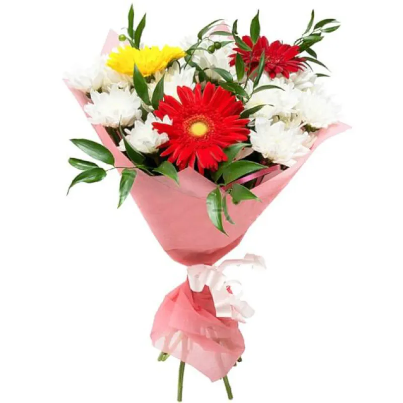 Букет из 3 гербер и хризантем с зеленью, доставка Луговое